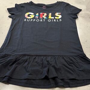 Girls Support Girls Black Ruffle Hem long Tee. Size Large 100% cotton